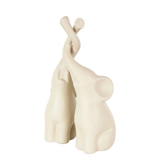 13" Cream Ceramic Elephant Decorative Sculpture with Raised Trunks, 2ct.